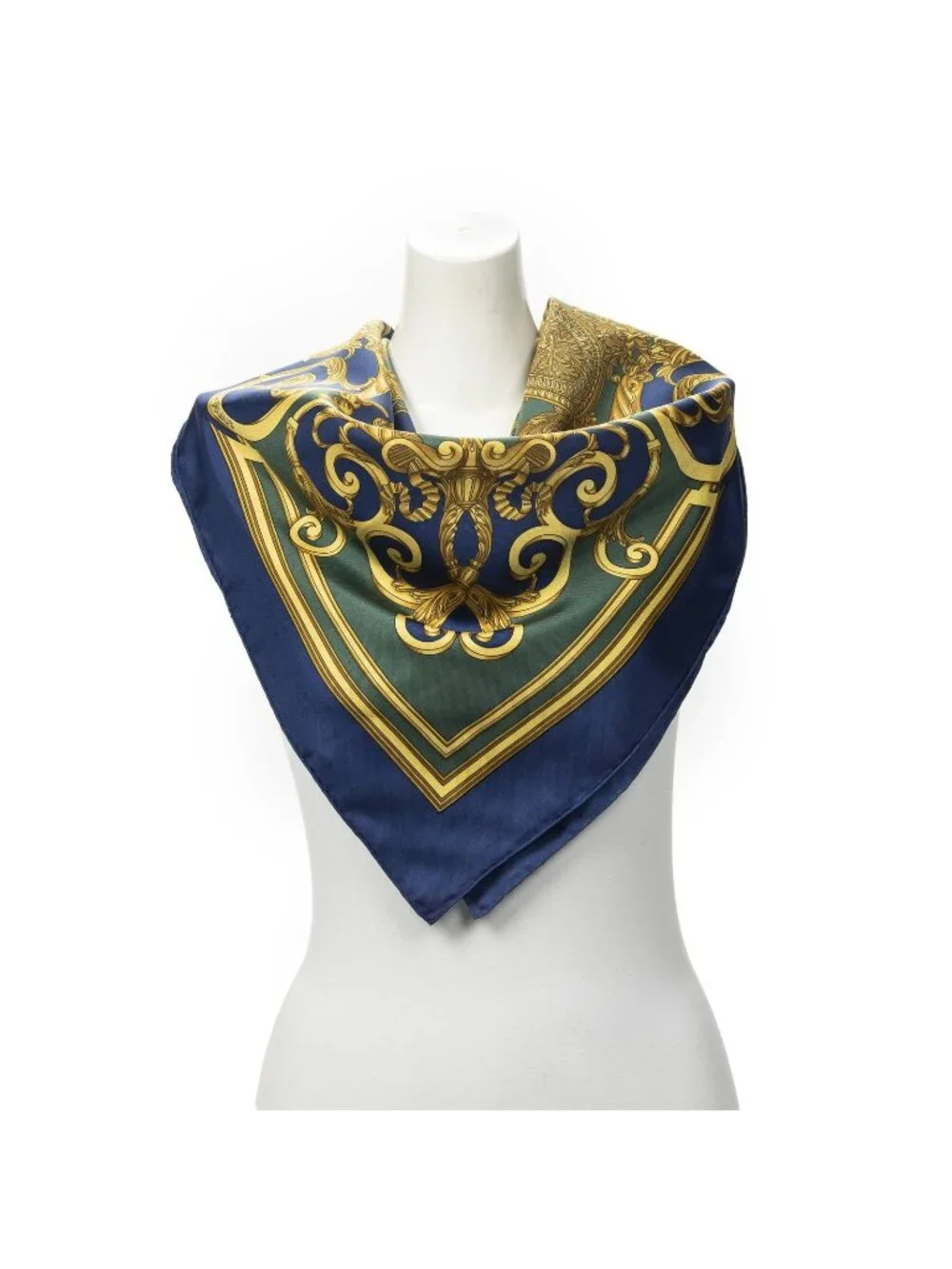 Hermes Scarf Navy Green Yellow Silk